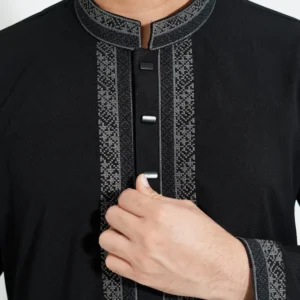 Menzoa-Exclusive-Jet-Black-Jafran-Fabric-Royal-Contrast-Panjabi