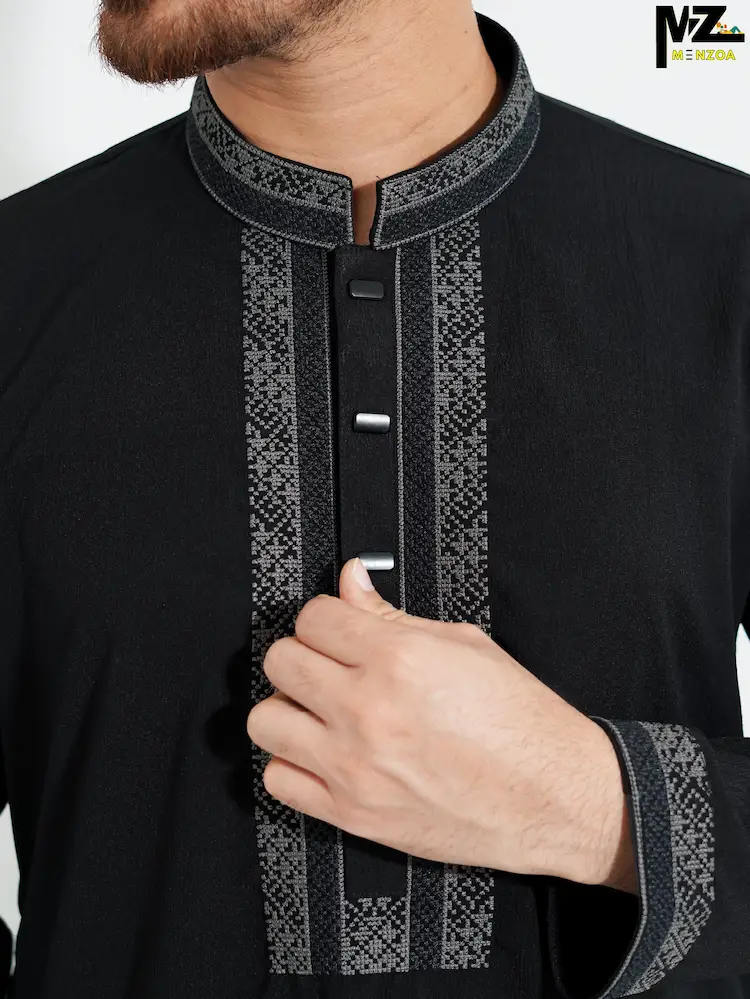 Menzoa-Exclusive-Jet-Black-Jafran-Fabric-Royal-Contrast-Panjabi