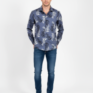 Premium Blue Baroque Printed Slim Fit Long Sleeve Shirt for Men