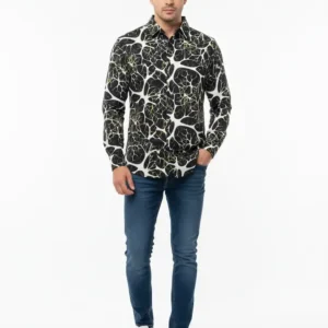 Black-Olive-Gold-Abstract-Web-Print-Chelli-Fabric-Shirt-Men