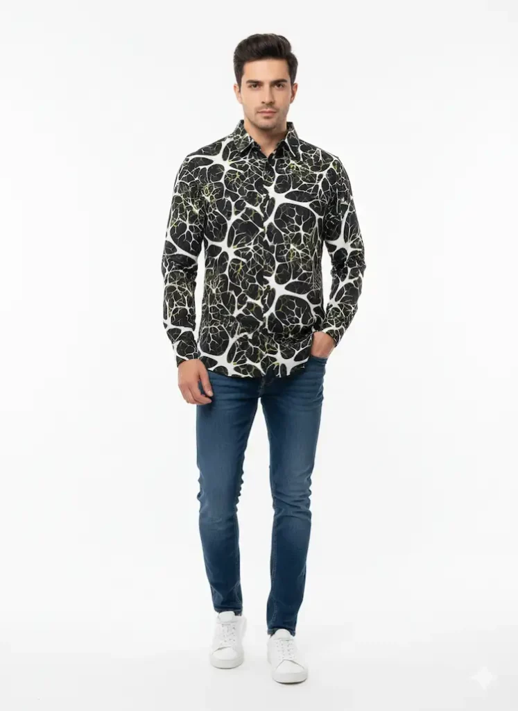 Black-Olive-Gold-Abstract-Web-Print-Chelli-Fabric-Shirt-Men