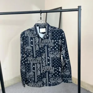 Premium Black and Silver Paisley print casual shirt made of Chelli fabric