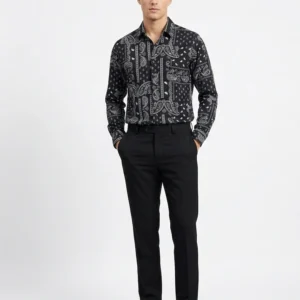 Premium Black and Silver Paisley print casual shirt made of Chelli fabric