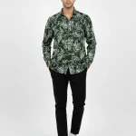 Forest green men's shirt with white leaf contour patterns on premium Jafran fabric.