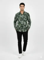 Forest green men's shirt with white leaf contour patterns on premium Jafran fabric.