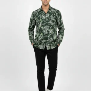 Forest green men's shirt with white leaf contour patterns on premium Jafran fabric.