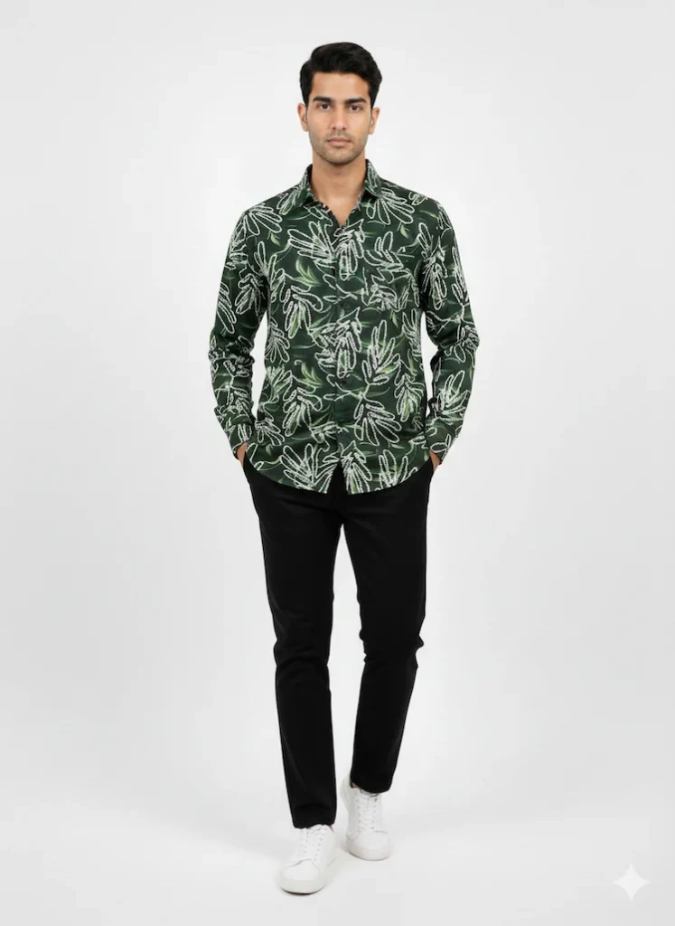 Forest green men's shirt with white leaf contour patterns on premium Jafran fabric.