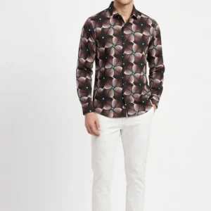 Premium Maroon and Black Circle geometric pattern shirt made of Jafran fabric