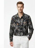 Premium black shirt with red and white nebula style abstract print on Chelli fabric.
