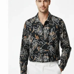 Premium black shirt with red and white nebula style abstract print on Chelli fabric.