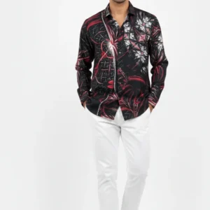 Vibrant red and white fractal blaze patterned shirt made of soft Jafran fabric.