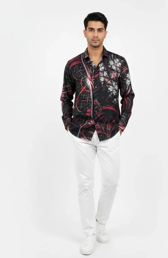 Vibrant red and white fractal blaze patterned shirt made of soft Jafran fabric.