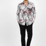 White designer shirt with grey and maroon smoke fractal art on premium Jafran fabric.