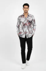 White designer shirt with grey and maroon smoke fractal art on premium Jafran fabric.