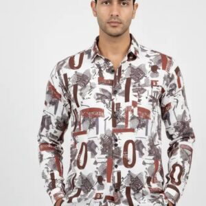Modern white shirt featuring artistic typography and alphabet print on high-grade Chelli fabric.