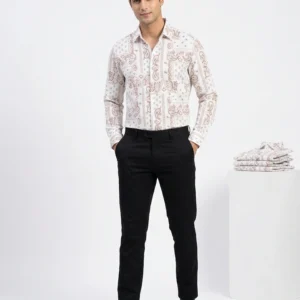 Premium White and Coffee Paisley print casual shirt made of Chelli fabric