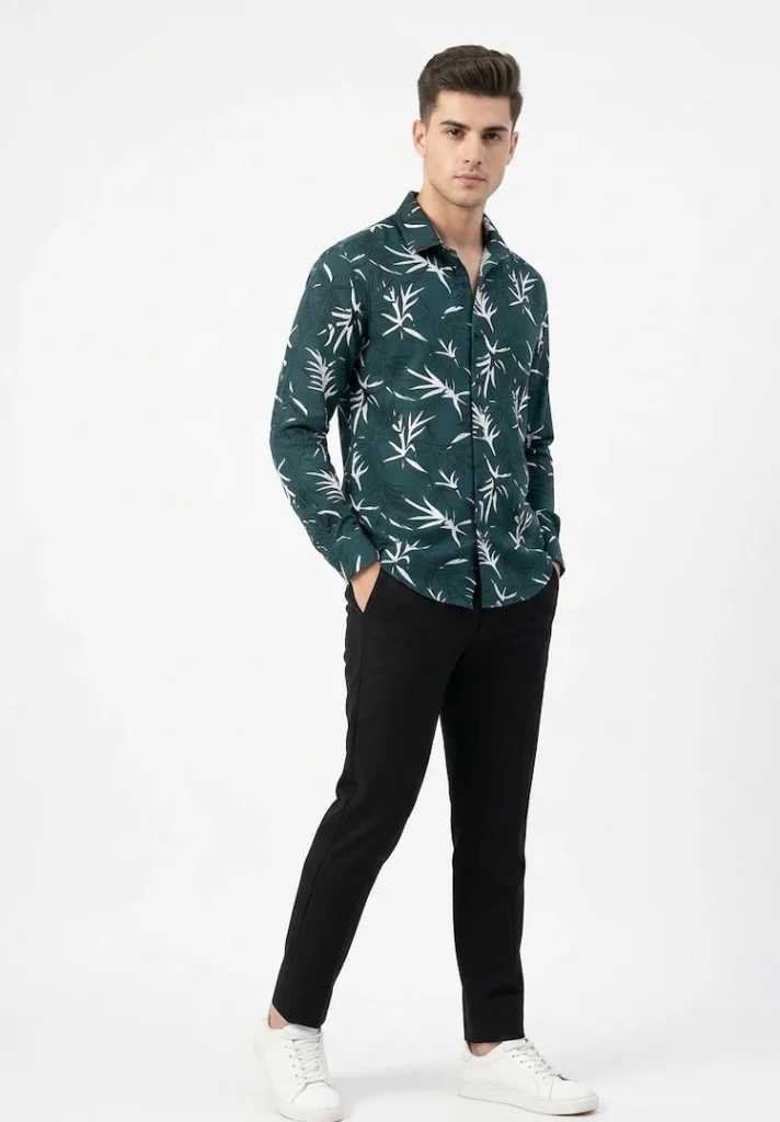 Menzoa Forest Tropic Green Luxe Jafran fabric tropical printed shirt for men