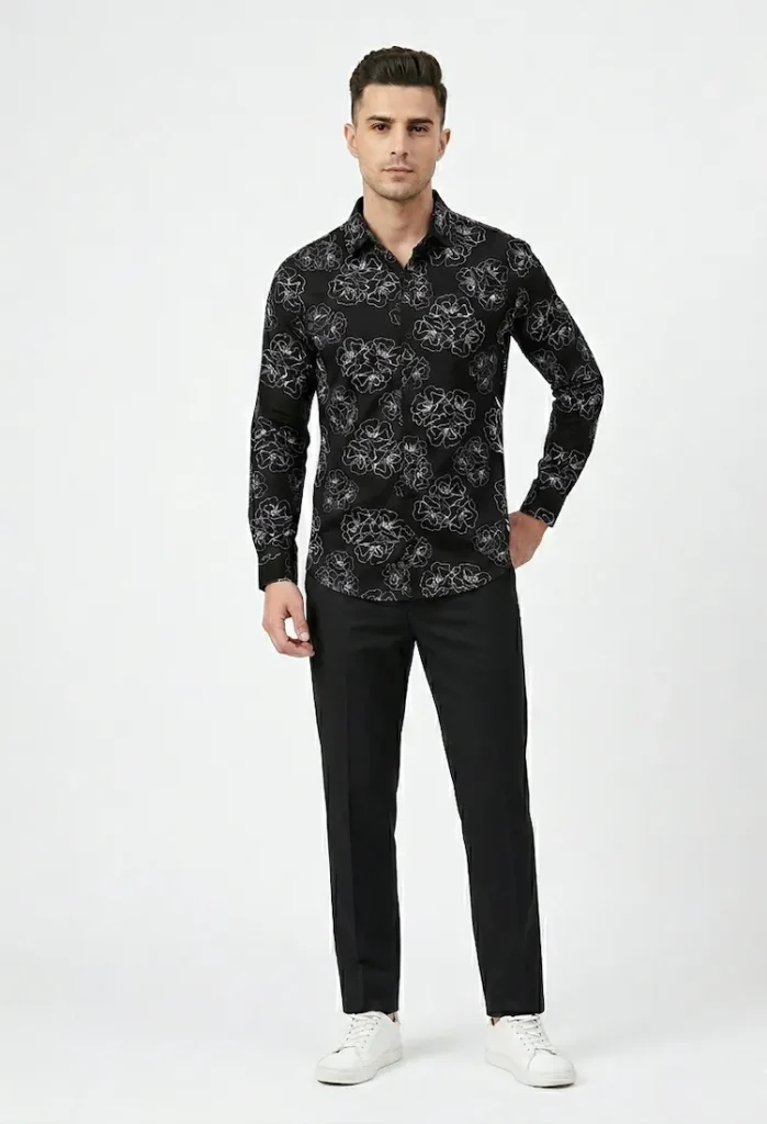 Menzoa premium black floral printed Jafran fabric shirt for men