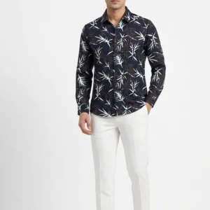 Menzoa premium black leaf printed Jafran fabric shirt for men Bangladesh