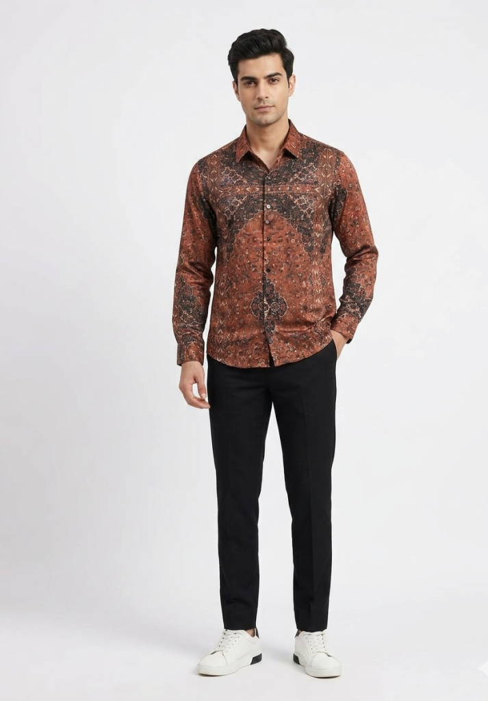 Menzoa premium rust paisley printed Jafran fabric shirt Bangladesh