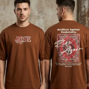 Premium Rise Again Coffee Brown Drop Shoulder T-Shirt with Graphic Print