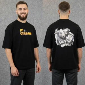 Menzoa Premium Sacrifice with Grace religious-themed black t-shirt featuring a man and a cow illustration.
