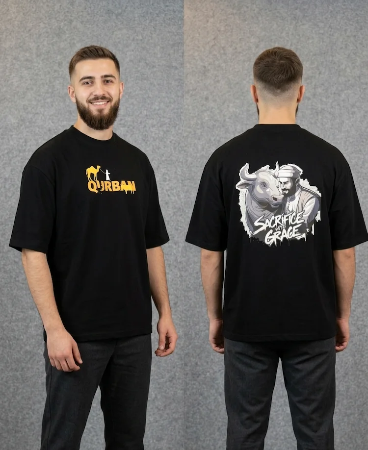Menzoa Premium Sacrifice with Grace religious-themed black t-shirt featuring a man and a cow illustration.