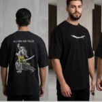 Premium black oversized drop shoulder cotton t-shirt with 'Ali-Ibn-Abi-Talib' typography and a warrior illustration.
