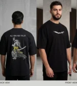Premium black oversized drop shoulder cotton t-shirt with 'Ali-Ibn-Abi-Talib' typography and a warrior illustration.