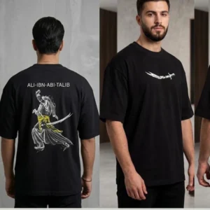 Premium black oversized drop shoulder cotton t-shirt with 'Ali-Ibn-Abi-Talib' typography and a warrior illustration.