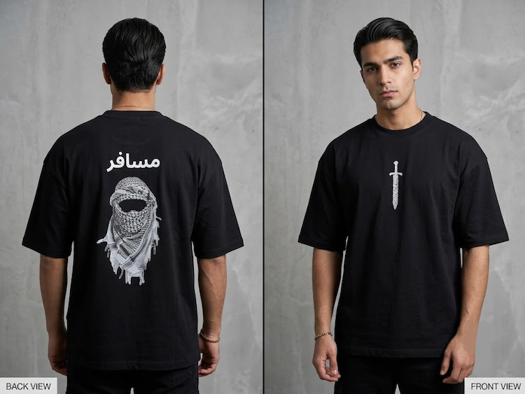 premium-musafir-arabic-calligraphy-black-drop-shoulder-tshirt.jpg Back and front view of a premium black drop shoulder cotton t-shirt featuring 'Musafir' Arabic calligraphy and a traditional keffiyeh graphic.