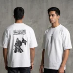 Front and back view of a white premium drop shoulder cotton t-shirt featuring a historic Muslim warrior holding the Zulfiqar sword design on the back.