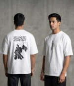 Front and back view of a white premium drop shoulder cotton t-shirt featuring a historic Muslim warrior holding the Zulfiqar sword design on the back.