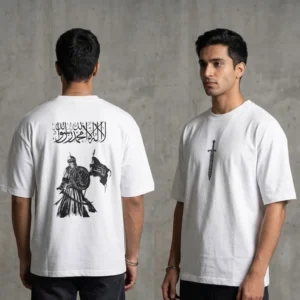 Front and back view of a white premium drop shoulder cotton t-shirt featuring a historic Muslim warrior holding the Zulfiqar sword design on the back.