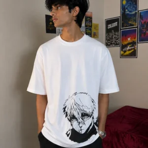 Premium Anime Warrior Oversized White Graphic T Shirt made from 220 GSM Interlock Fabric by Menzoa