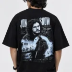Black Jon Snow drop shoulder t-shirt back print view