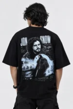Black Jon Snow drop shoulder t-shirt back print view
