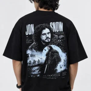Black Jon Snow drop shoulder t-shirt back print view