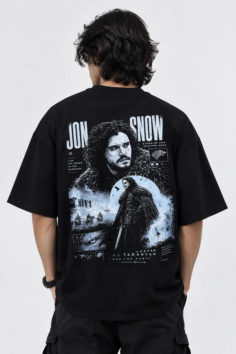 black-jon-snow-drop-shoulder-tshirt-back.jpg Black Jon Snow drop shoulder t-shirt back print view