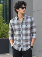 Premium Executive grey charcoal and orange plaid shirt for men