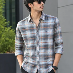 Premium Executive grey charcoal and orange plaid shirt for men