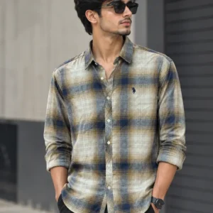 Premium Heritage plaid shirt in beige and navy for men
