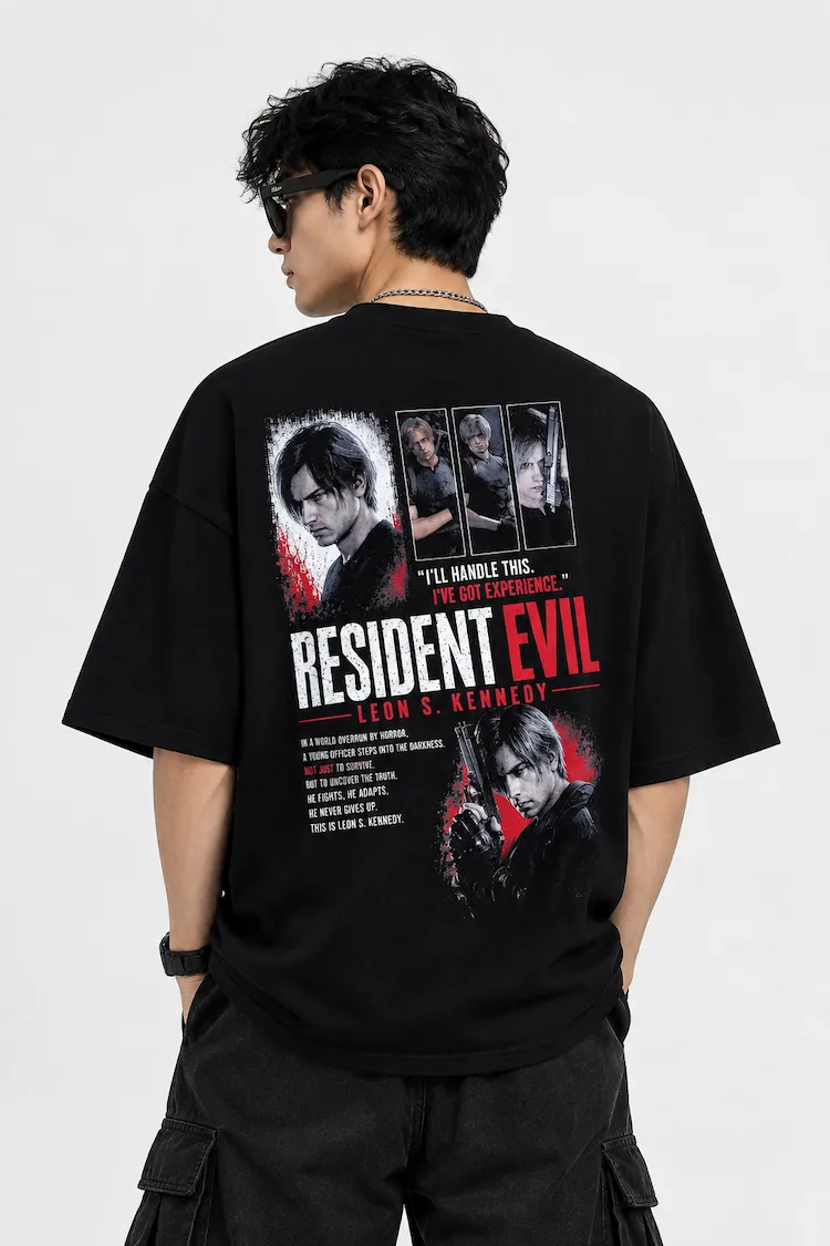 premium-resident-evil-leon-kennedy-drop-shoulder-tshirt.jpg Premium black Resident Evil Leon Kennedy oversized drop shoulder T-shirt with back print