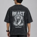 Back view of charcoal black acid wash drop shoulder t-shirt with Nocturnal Beast tiger graphic print