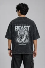 Back view of charcoal black acid wash drop shoulder t-shirt with Nocturnal Beast tiger graphic print