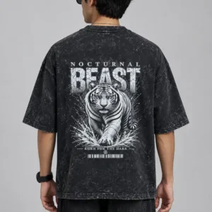 Back view of charcoal black acid wash drop shoulder t-shirt with Nocturnal Beast tiger graphic print