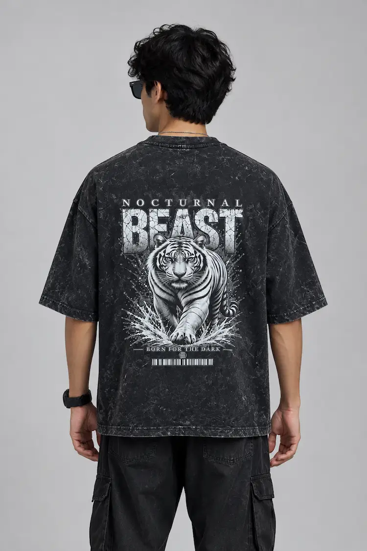nocturnal-beast-acid-wash-drop-shoulder-tshirt-back.jpg Back view of charcoal black acid wash drop shoulder t-shirt with Nocturnal Beast tiger graphic print